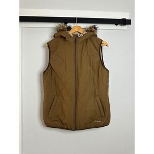 Eddie Bauer Quilted Vest Faux Fur Hooded Sherpa Lined Pockets Womens